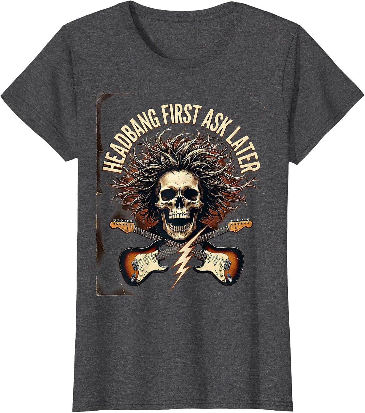 Women's Headbang First Ask Later 90s Rock Band Design T-Shirt - Dark Heather Grey