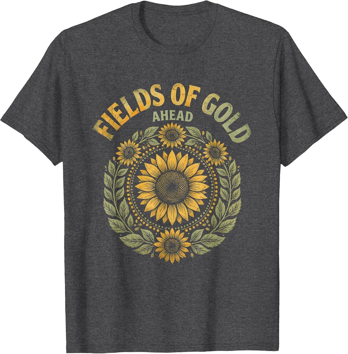Fields of Gold Ahead Sunflower Floral Design T-Shirt - Dark Heather Grey