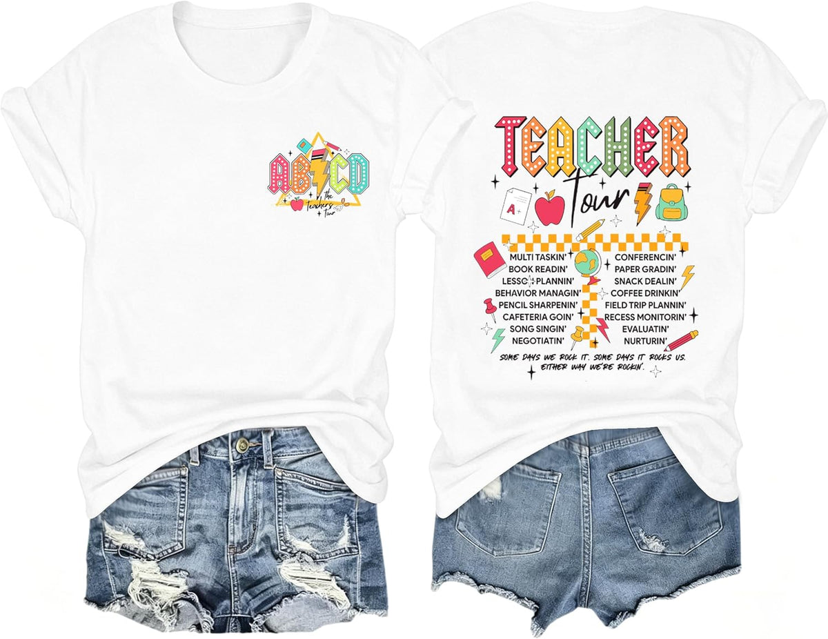 Teacher Shirts for Women ABCD Teacher Tour Teaching Life Tee Tops - White
