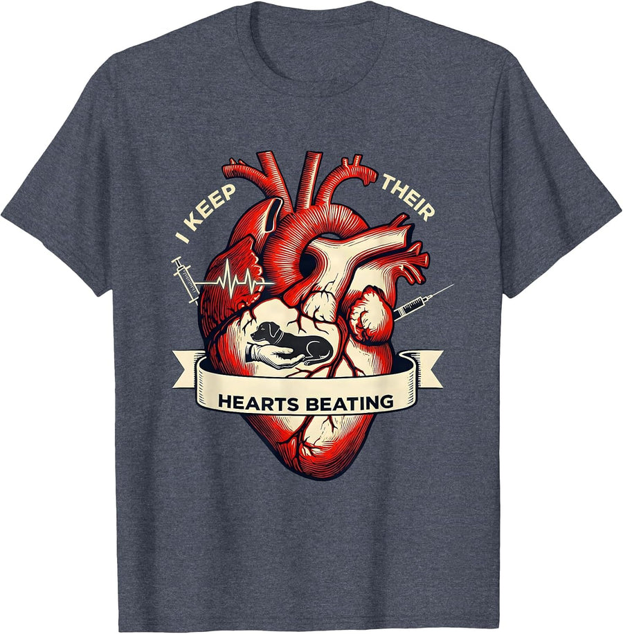 I Keep Their Hearts Beating Funny Vet Tech Veterinary T-Shirt - Heather Blue