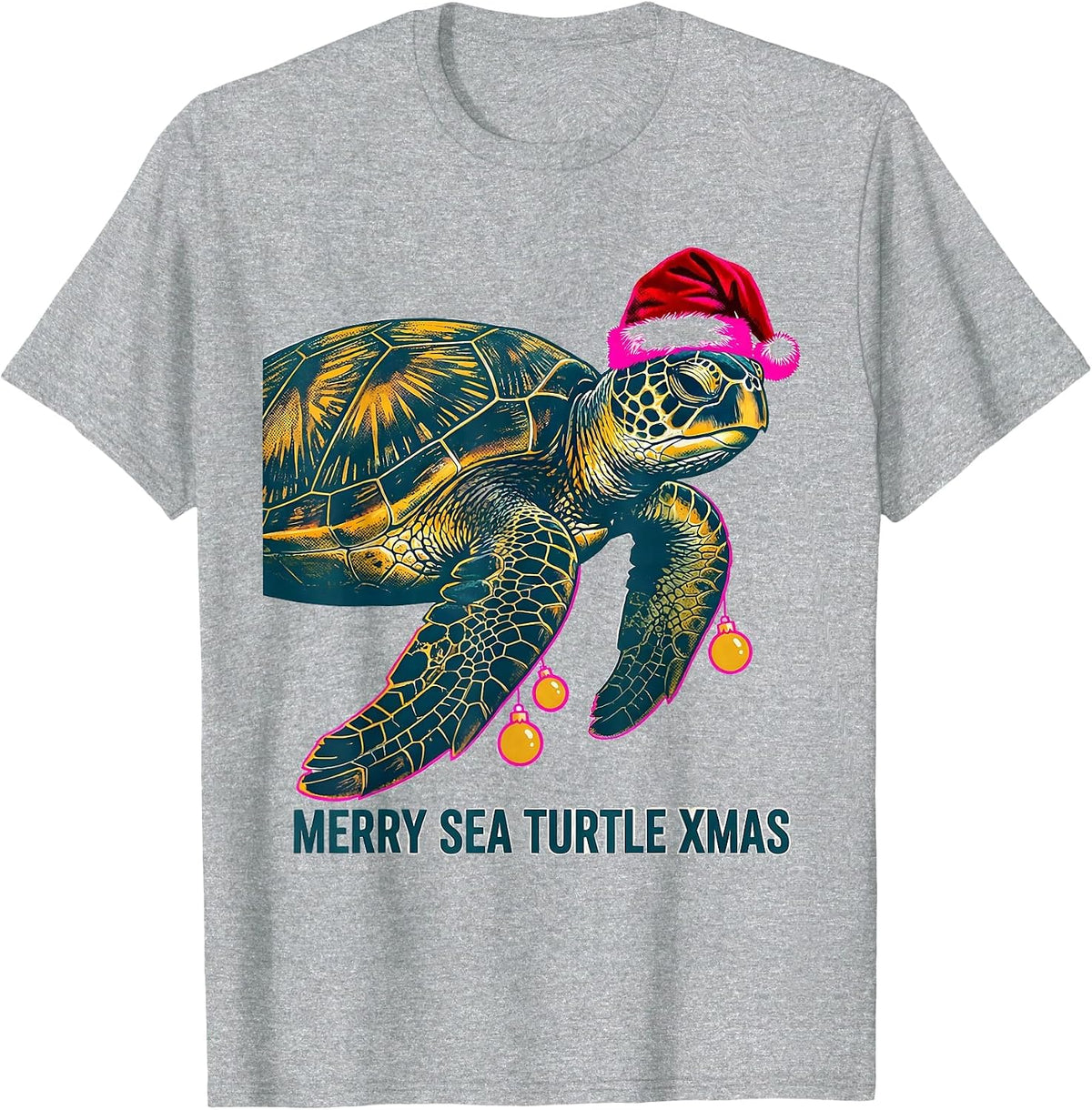 Men's Merry Sea Turtle Xmas Risograph Whimsical Sea Turtle Lover T-Shirt - Heather Grey
