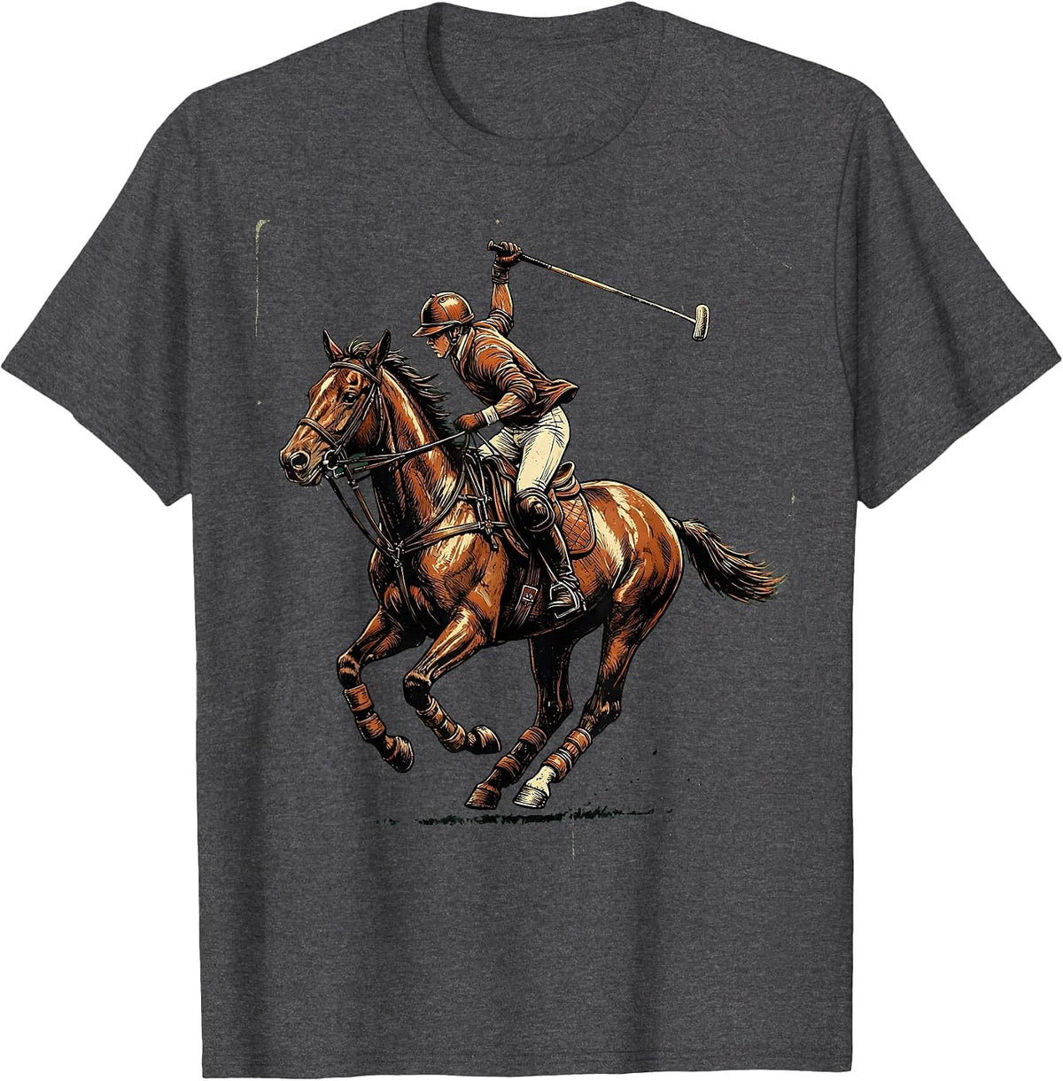 Polo Player Full Gallop Equestrian Art T-Shirt - Dark Heather Grey