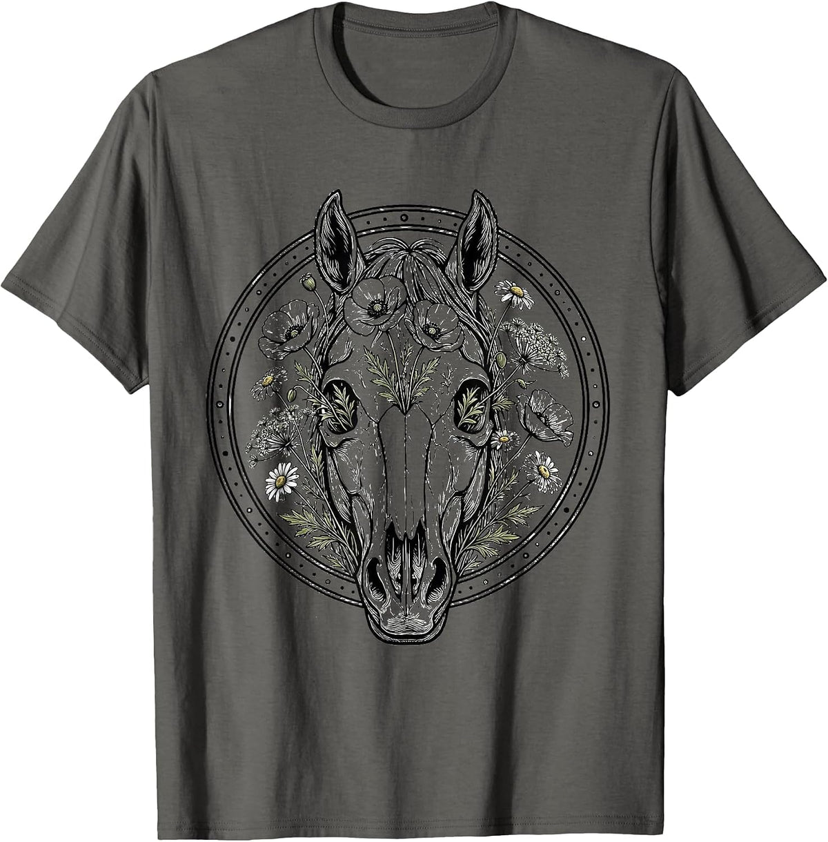 Horse Skull Wildflowers Floral Gothic Nature Art T-Shirt - Asphalt Grey