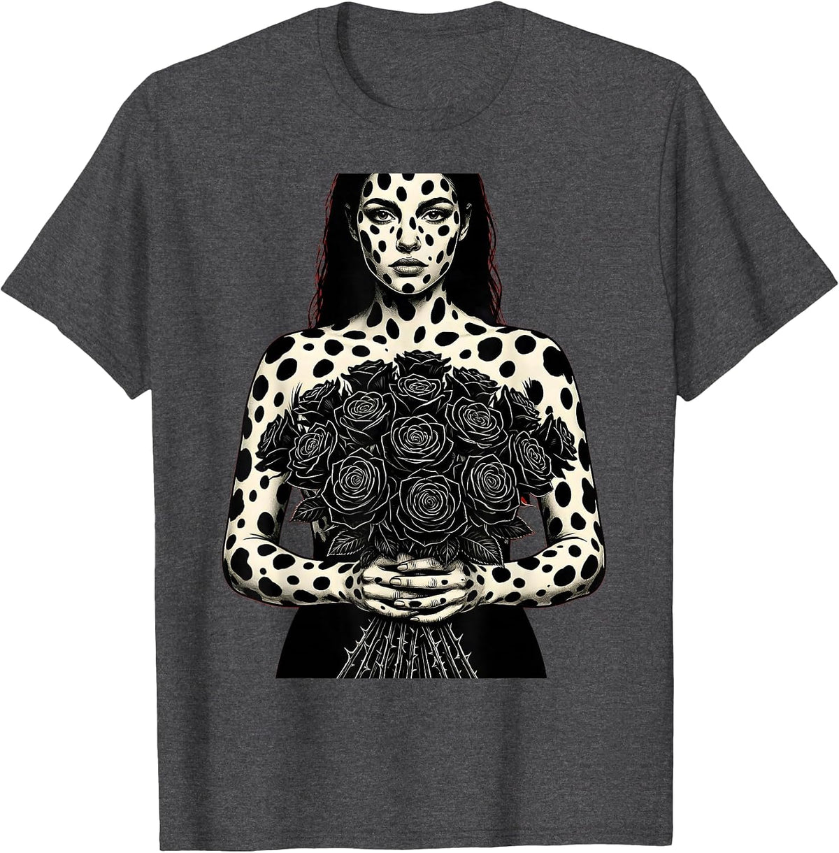 Dalmatian Woman Black Rose Bouquet Art T-Shirt - Dark Heather Grey