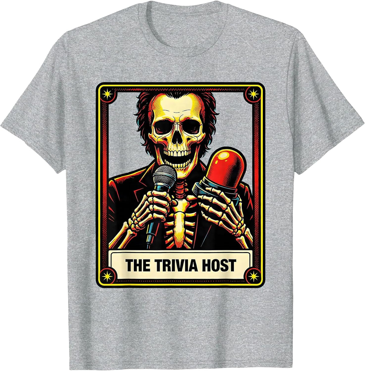 Men's The Trivia Host Pop Art Tarot Card Skeleton Role Humor T-Shirt - Heather Grey