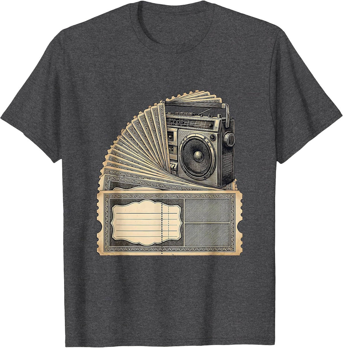 Food Stamp Coupon Parody Vintage Boombox Hip-Hop Humor T-Shirt - Dark Heather Grey