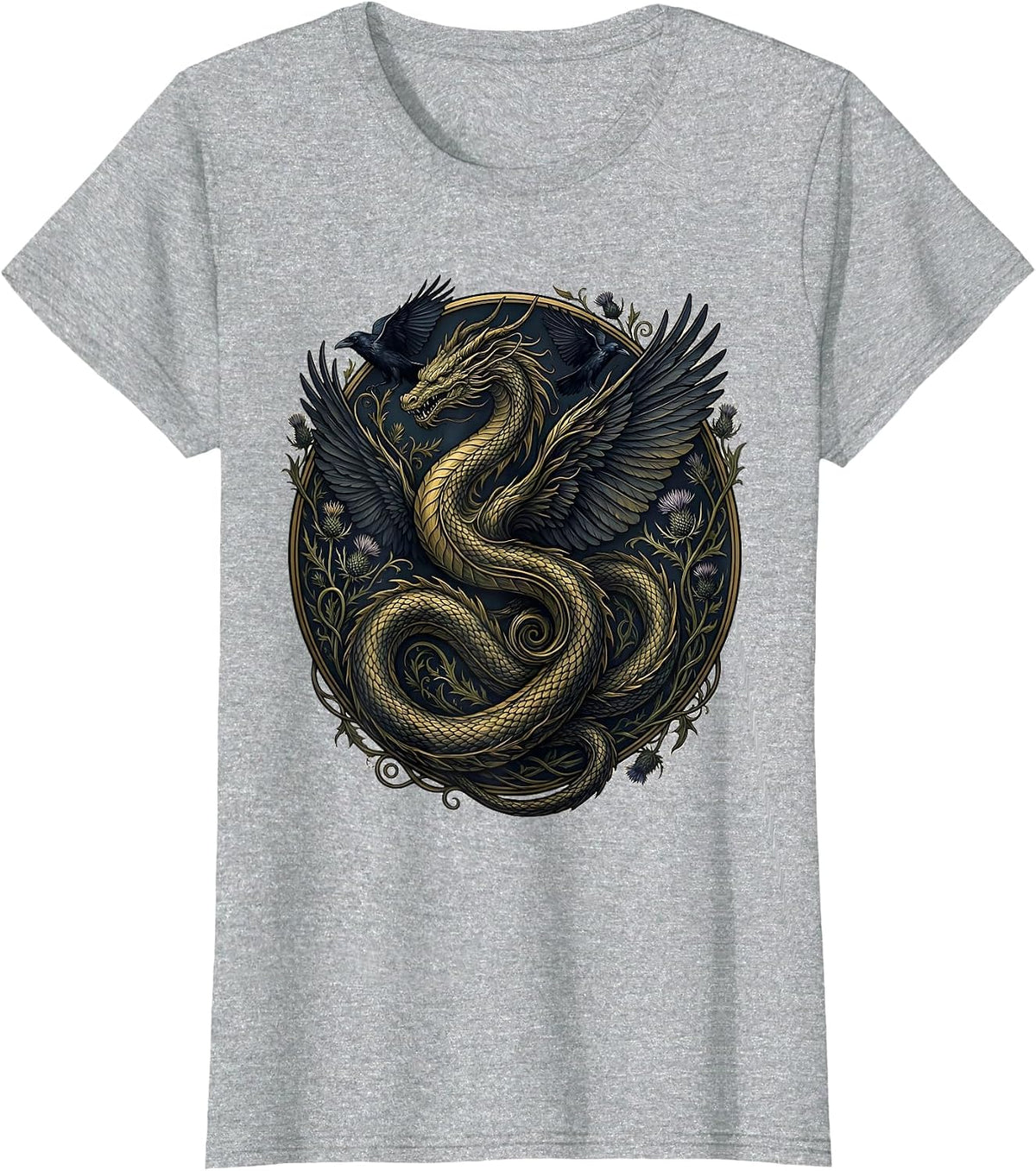Dragon Dissolving Into Ravens Dark Fantasy Art T-Shirt - Heather Grey