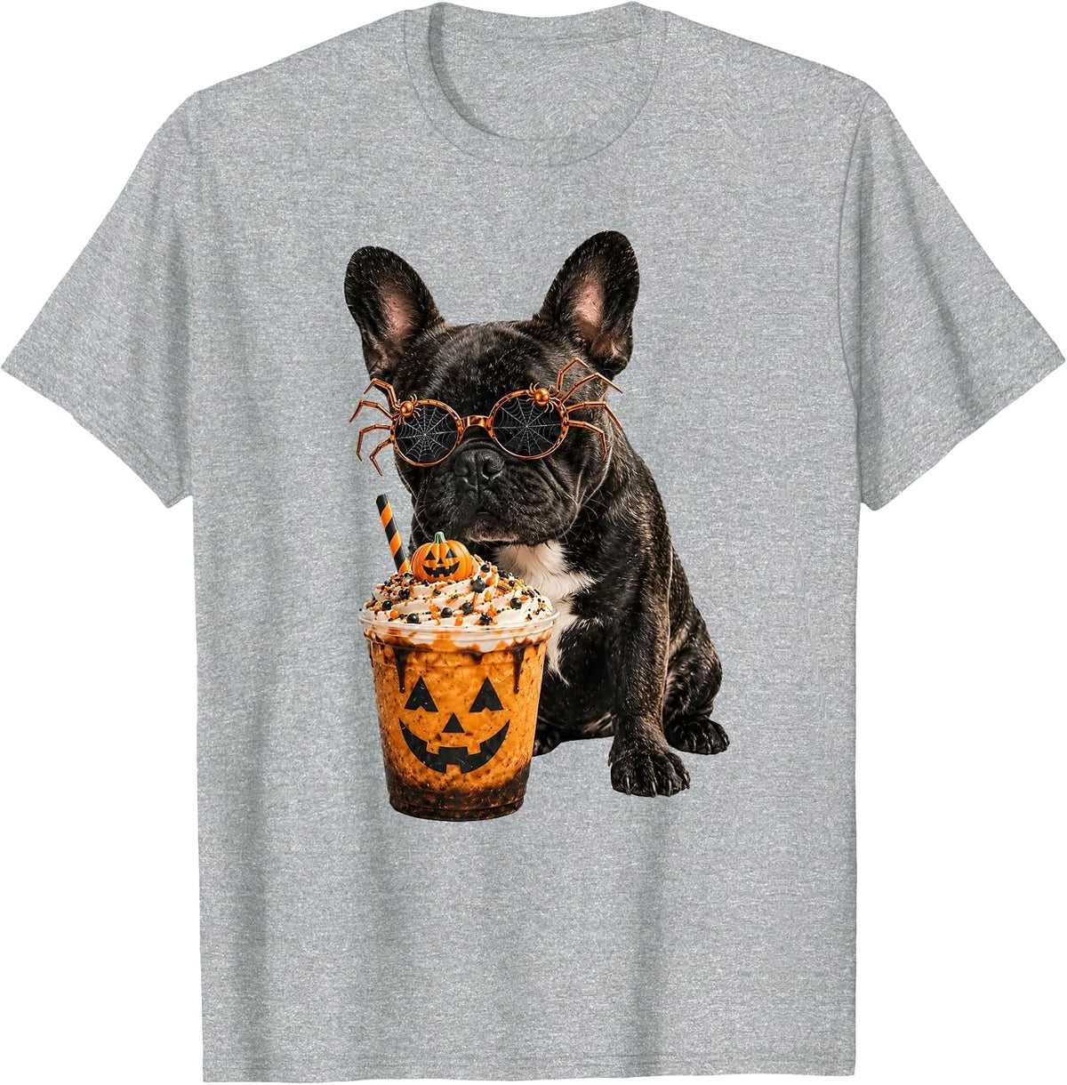 Vintage Halloween French Bulldog Drinking Coffee Dog Lover T-Shirt - Heather Grey