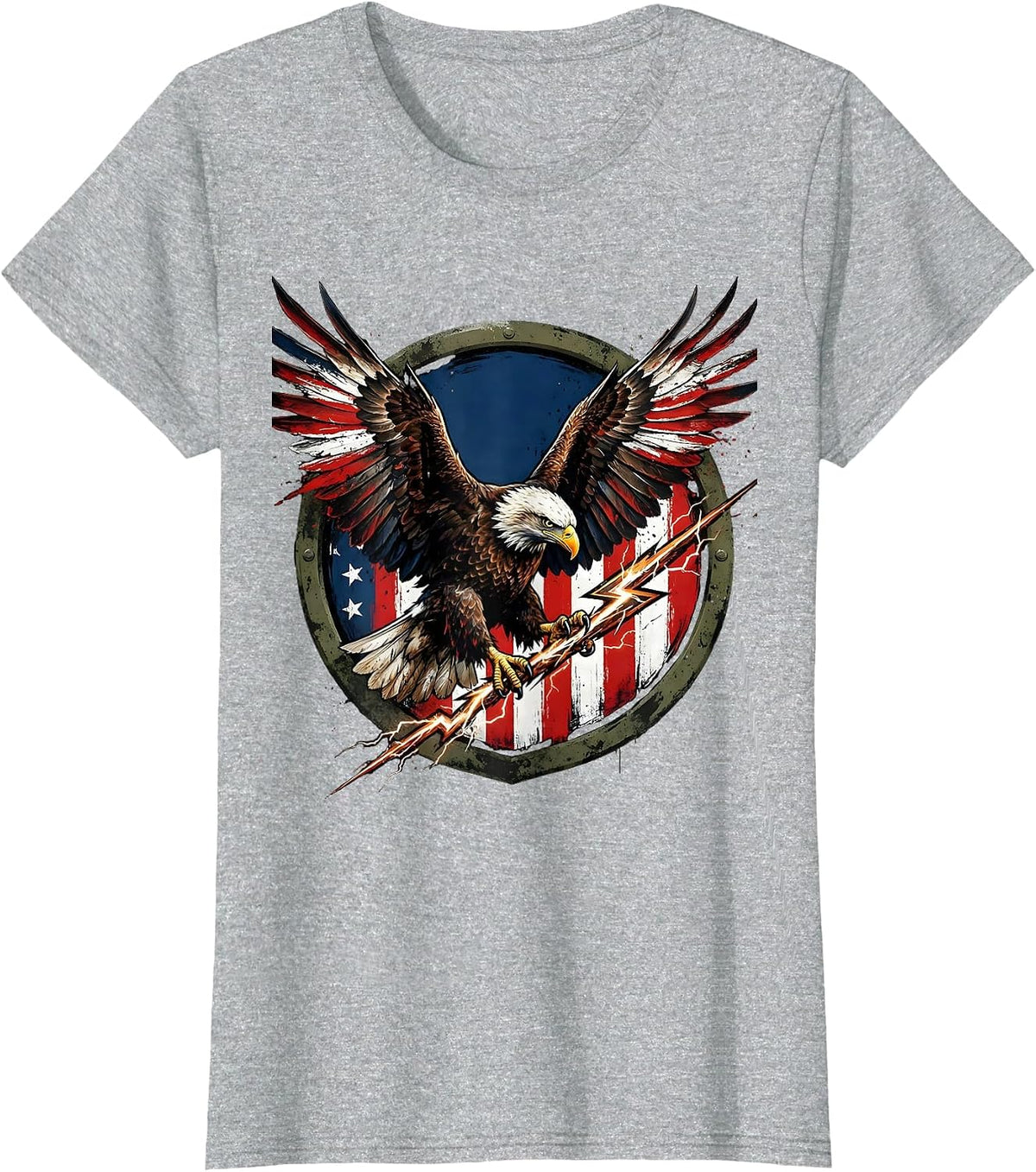 Bald Eagle Lightning Bolt Freedom Graphic Tee T-Shirt - Heather Grey