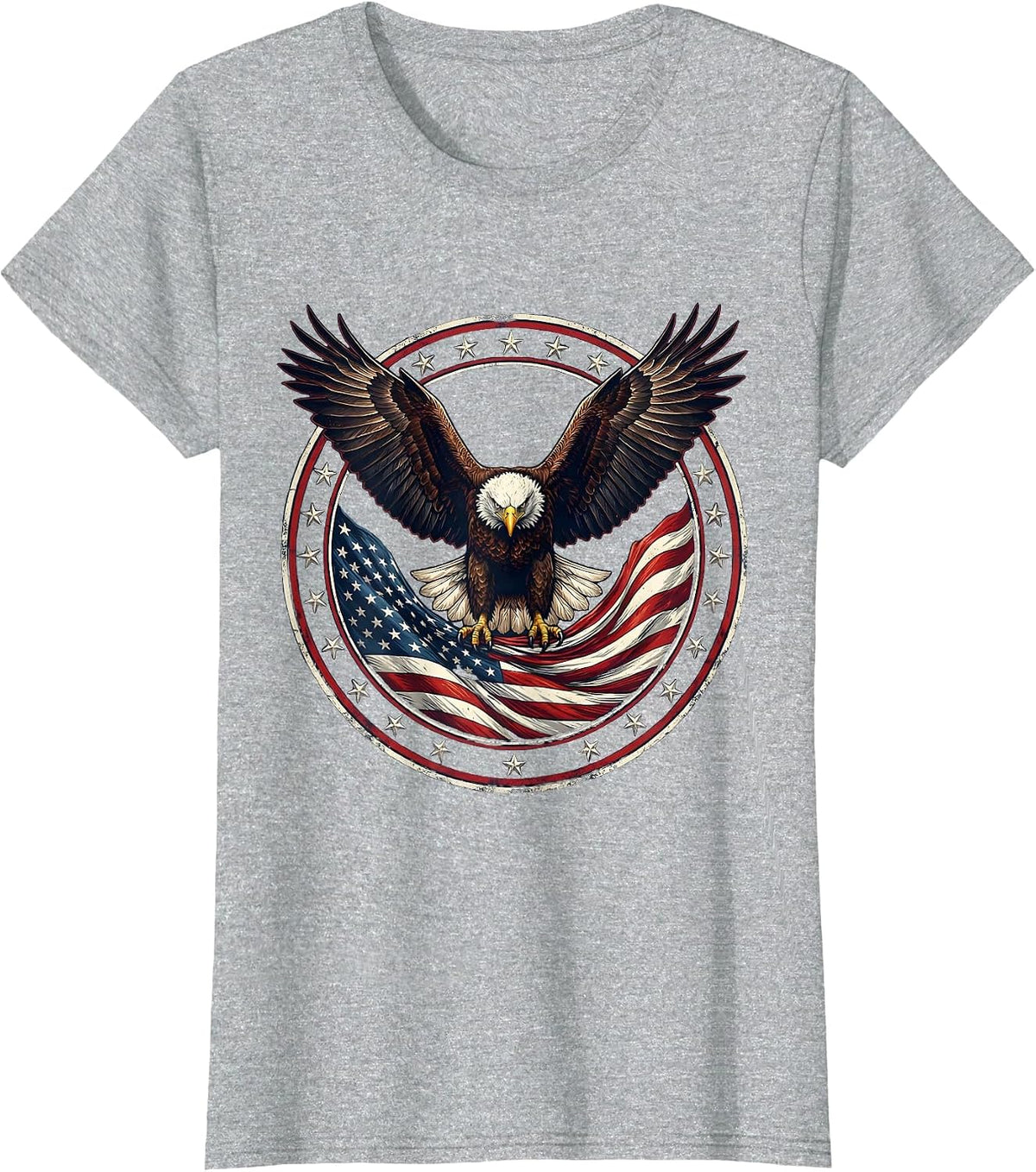 Women's Bald Eagle Soaring Over American Flag T-Shirt - Heather Grey