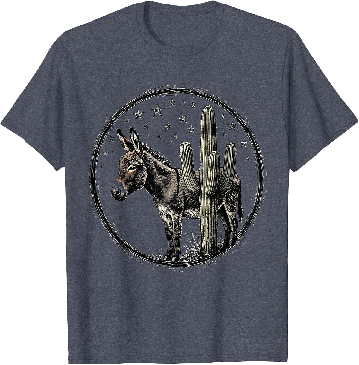 Donkey and Cactus Starry Night Desert Scene T-Shirt - Heather Blue