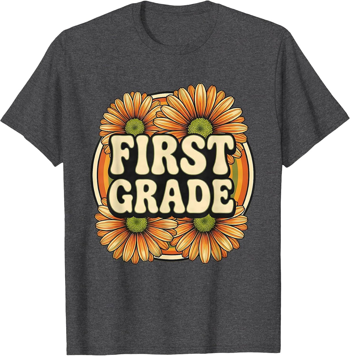 Men's FIRST GRADE Retro Flower Power Squared First Grade Back To T-Shirt - Dark Heather Grey