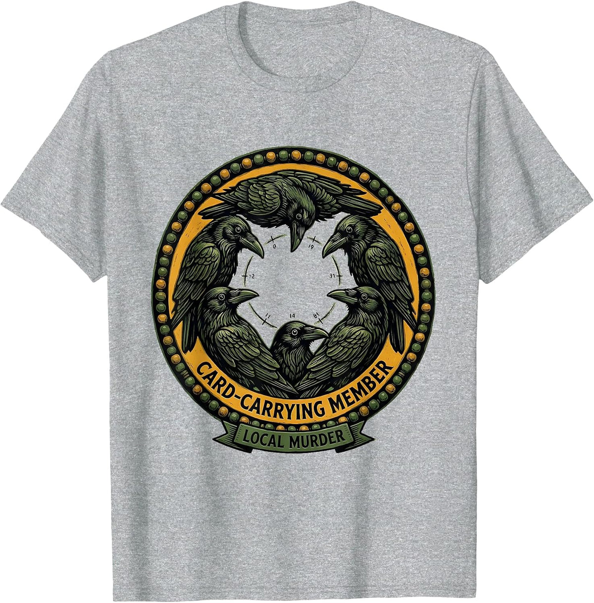 Men's Card-Carrying Member Local Murder Folk Art Crow Raven Humor T-Shirt - Heather Grey