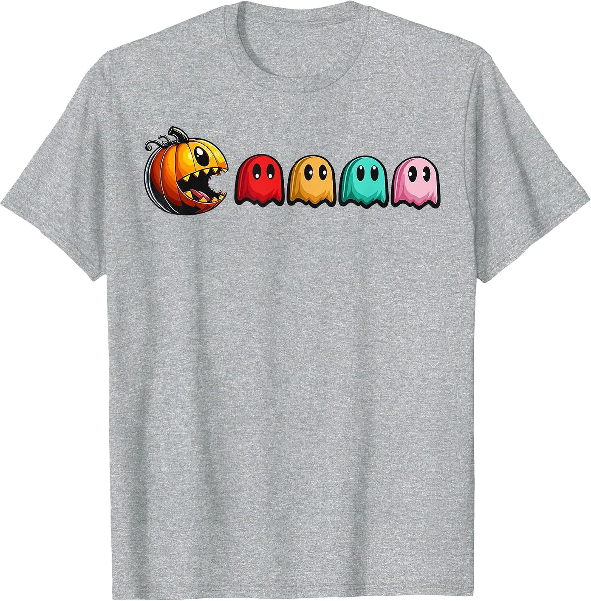 Halloween Pumpkin vs. Ghosts Retro Video Game T-Shirt - Heather Grey