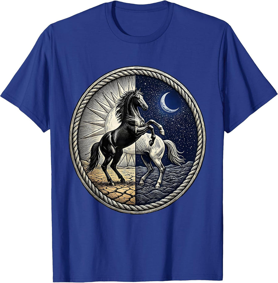 Horse Split Day and Night Sky Illustration T-Shirt - Royal Blue
