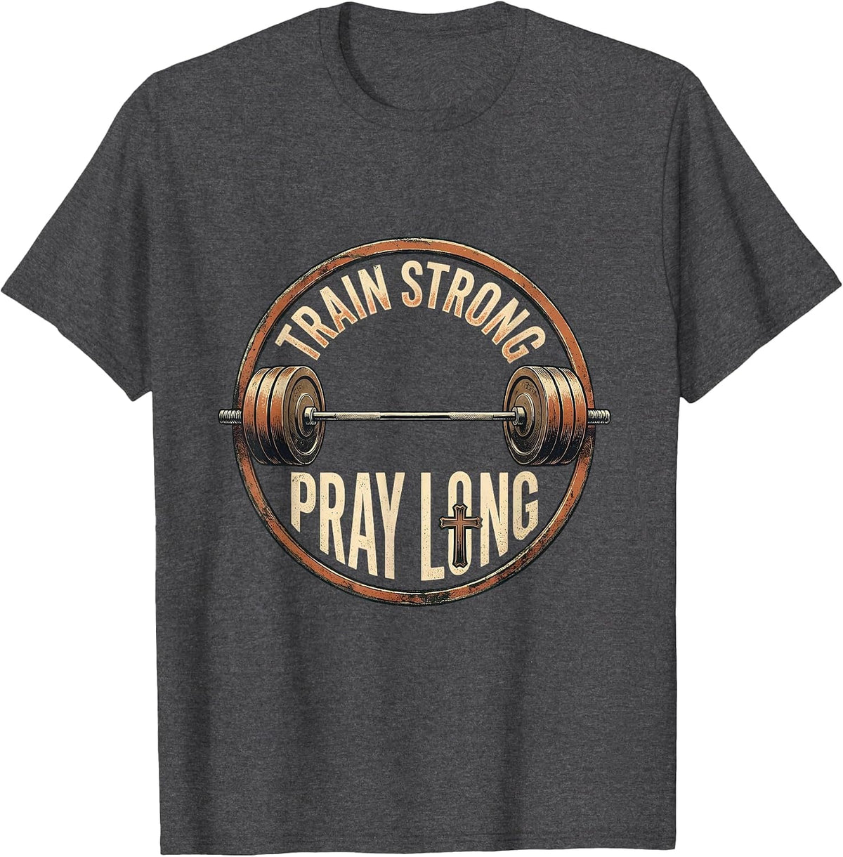 Men's Train Strong Pray Long Vintage Christian Gym Faith T-Shirt - Dark Heather Grey