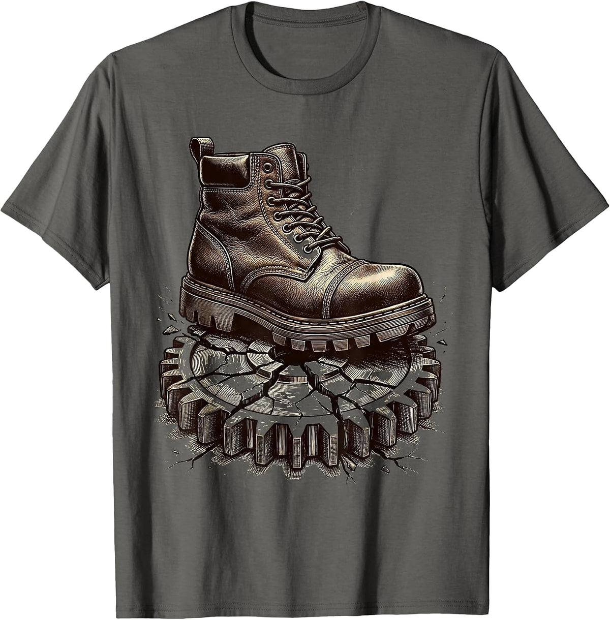 Men's Mechanic Boot Crushing Broken Gear Graphic T-Shirt - Asphalt Grey