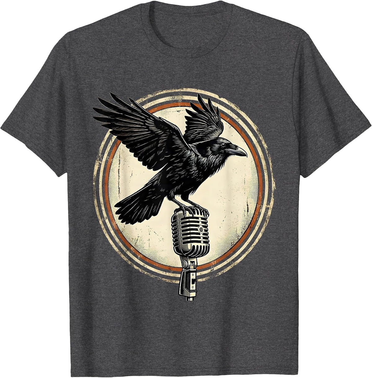 Men's Raven on Vintage Microphone Rock and Roll Graphic T-Shirt - Dark Heather Grey