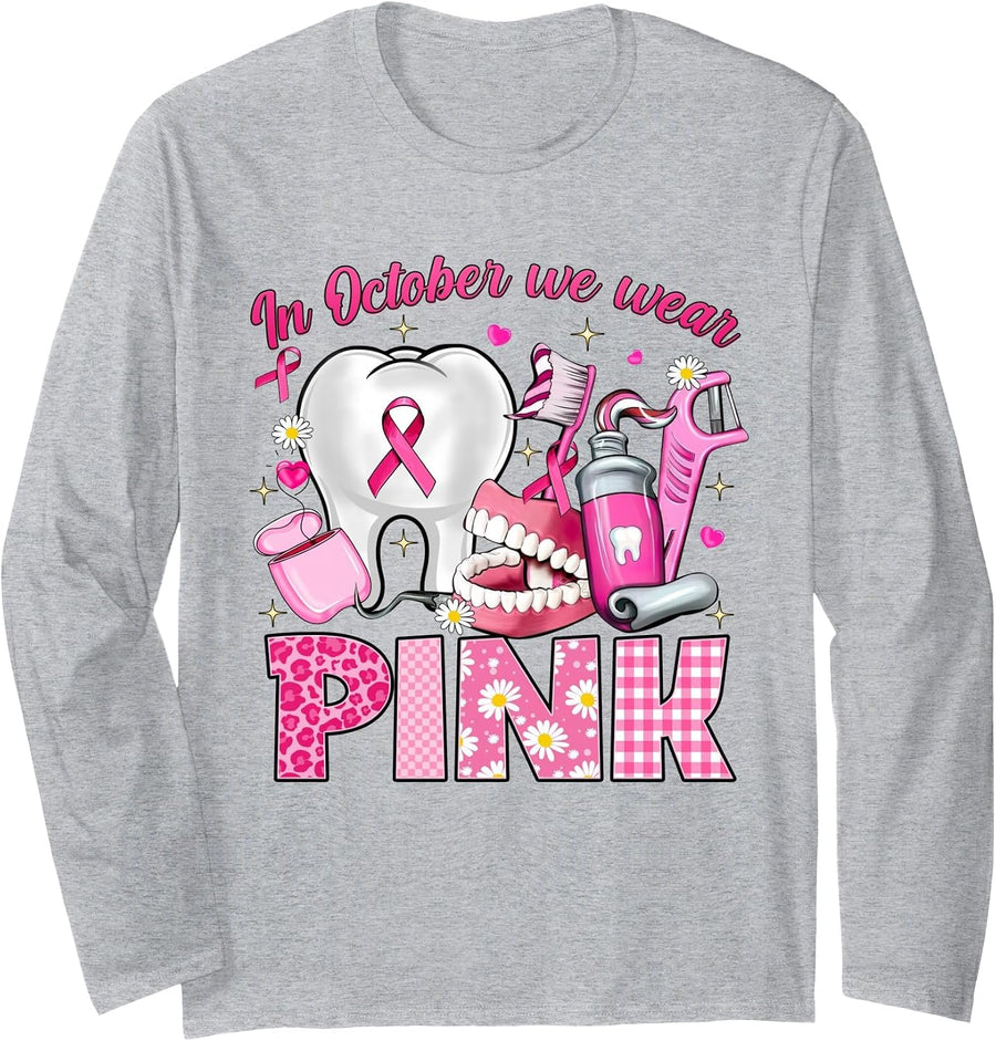 in October We Wear Pink Tooth Dental Breast Cancer Awareness Long Sleeve T-Shirt - Adult Unisex Heather Grey