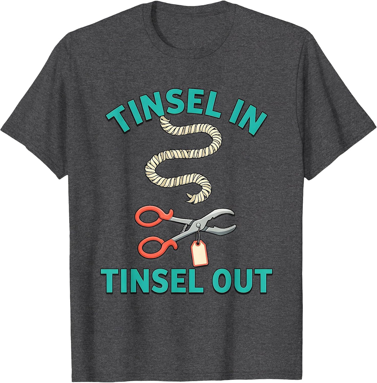 Men's Tinsel In Tinsel Out Funny Vet Tech Christmas Veterinary T-Shirt - Dark Heather Grey