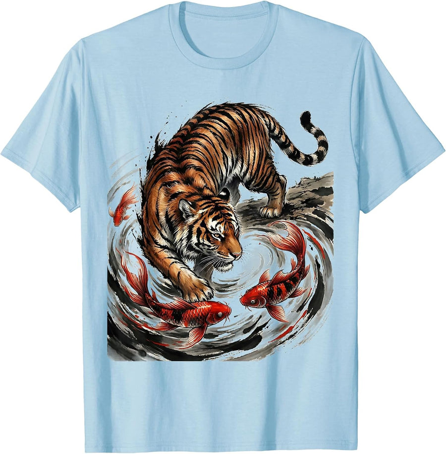 Men's Tiger and Koi Fish Swirling Pattern Graphic T-Shirt - Baby Blue