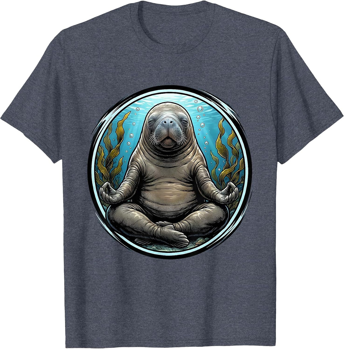 Funny Manatee Yoga Pose Underwater Art T-Shirt - Heather Blue