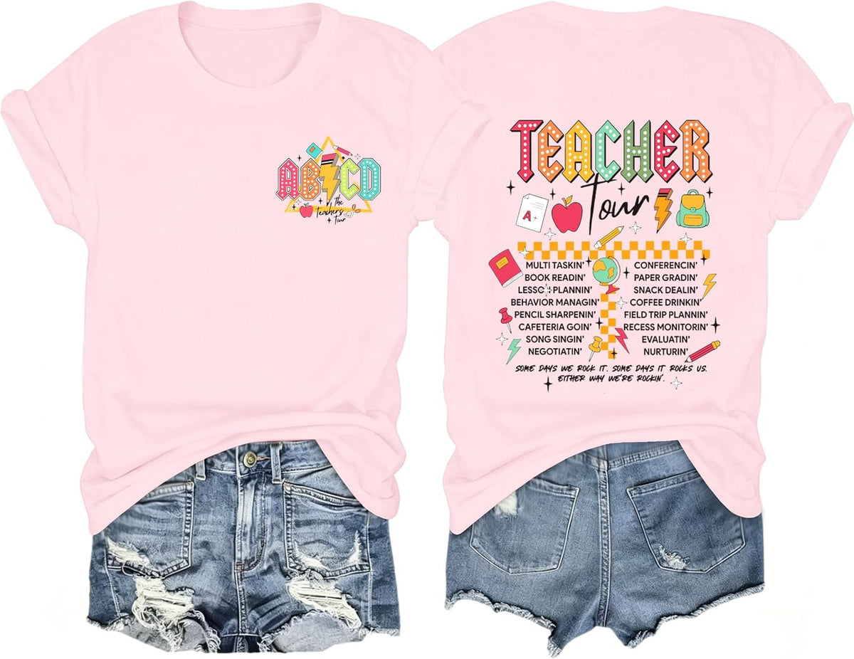 Teacher Shirts for Women ABCD Teacher Tour Teaching Life Tee Tops - Pink