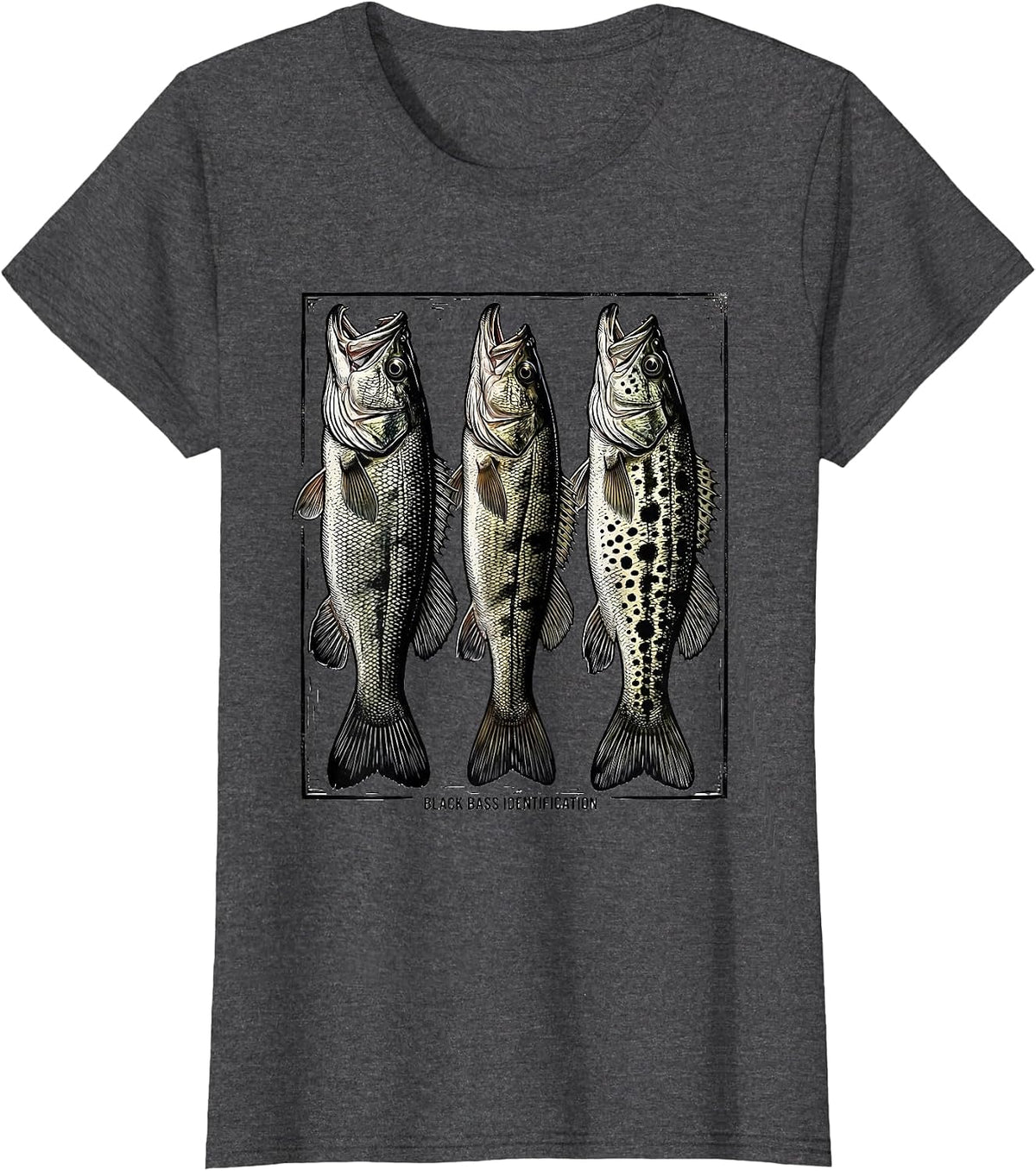 Women's Black Bass Identification Woodcut Engraving Fishing Chart T-Shirt - Dark Heather Grey