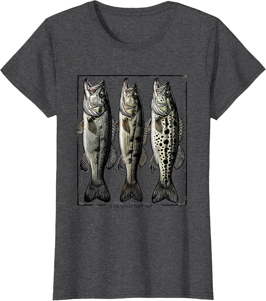 Women's Black Bass Identification Woodcut Engraving Fishing Chart T-Shirt - Dark Heather Grey
