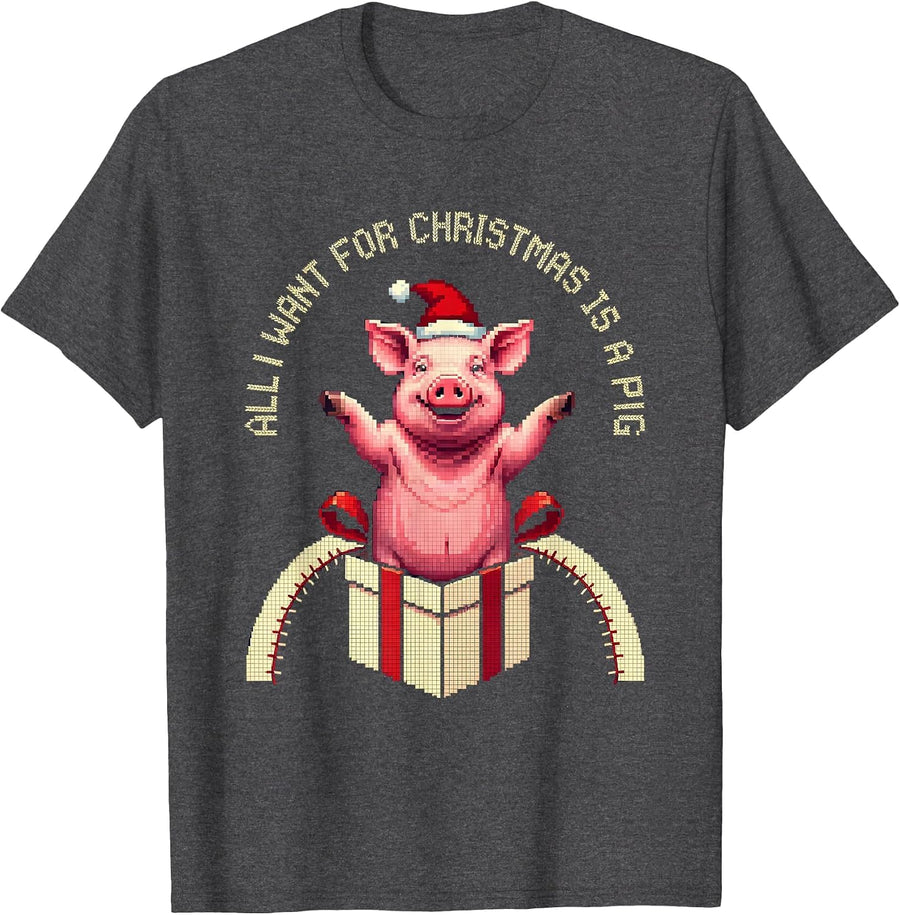 Men's All I Want For Christmas Is A Pig Ugly Sweater Holiday Party T-Shirt - Dark Heather Grey