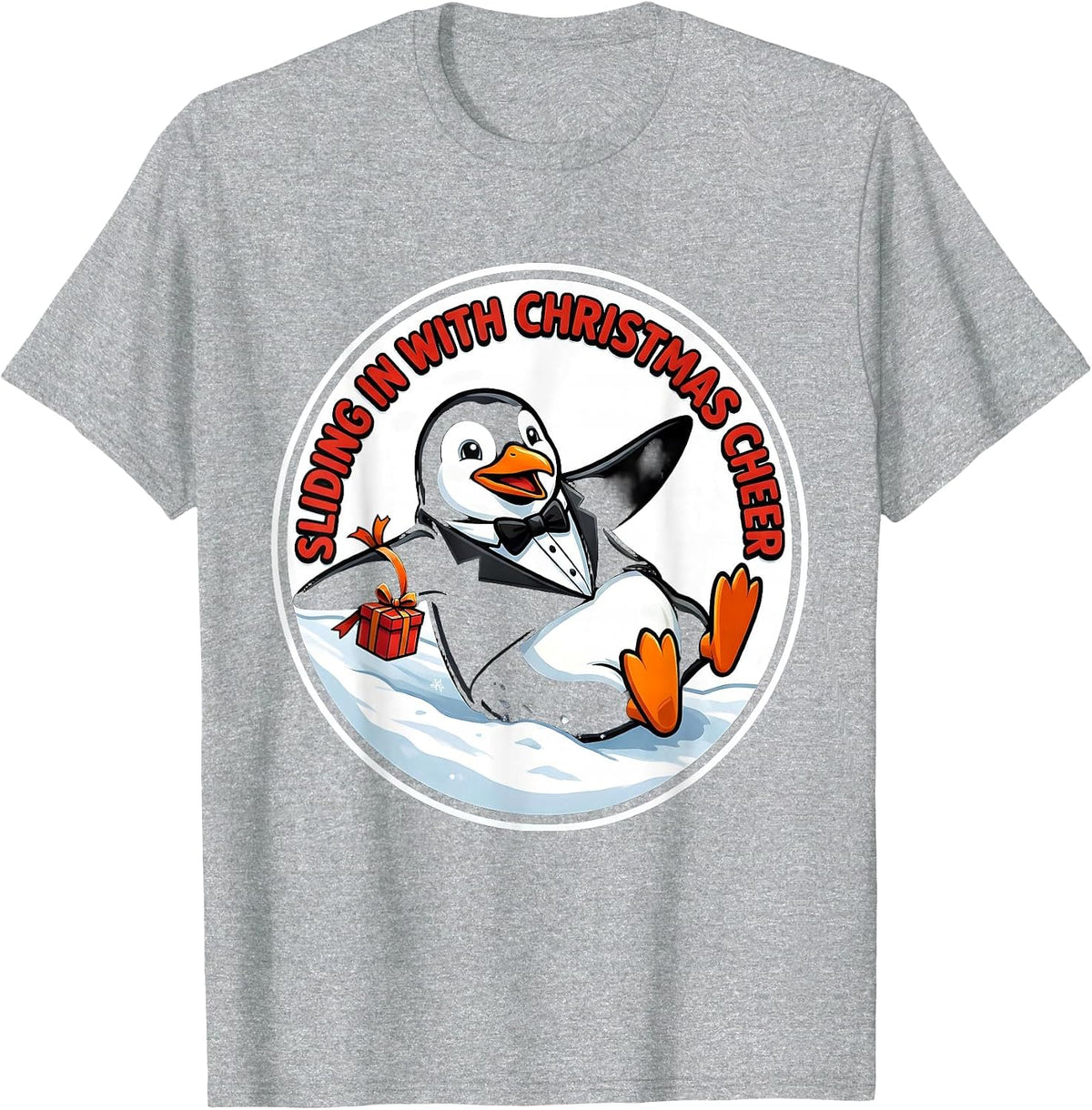Men's Sliding In With Christmas Cheer Funny Penguin Lover Gift T-Shirt - Heather Grey