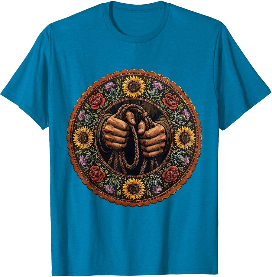 Black Cowgirl Bridle Reins Close-Up Graphic T-Shirt - Sapphire Blue