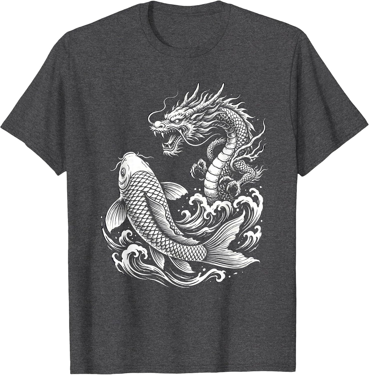 Men's Koi Fish Dragon Transformation Anime Graphic T-Shirt - Dark Heather Grey
