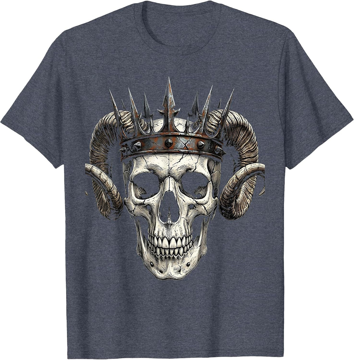 Skull Iron Crown and Horns Metal Art Design T-Shirt - Heather Blue