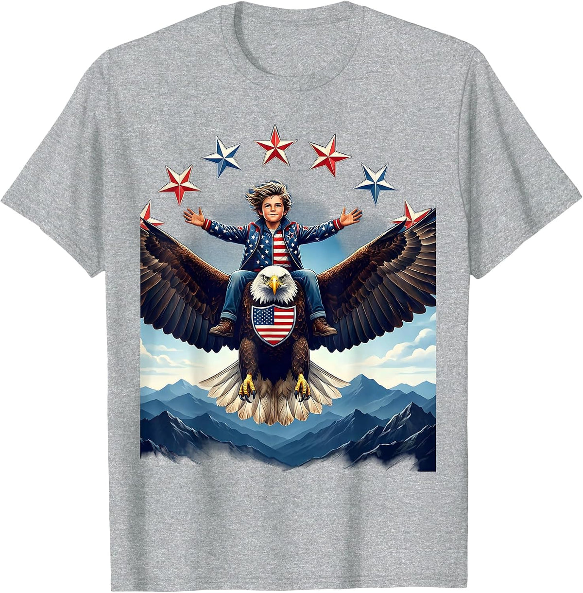 Men's American Flag Bald Eagle Mountain Rider Design T-Shirt - Heather Grey