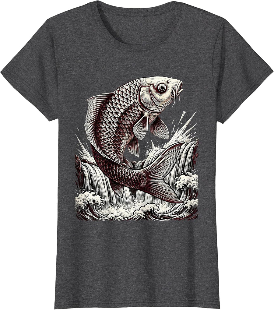 Women's Giant Koi Leaping Over Crashing Waterfall Anime T-Shirt - Dark Heather Grey