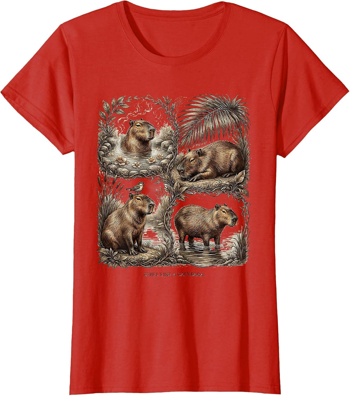 Chill Like a Capybara Relaxed Vibes Design T-Shirt - Red