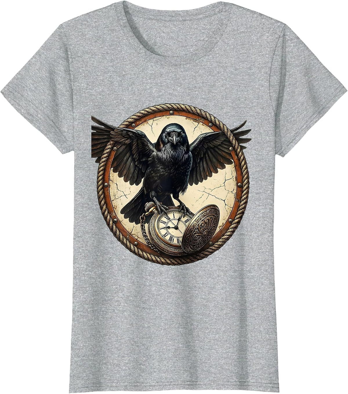 Crow Holding Pocket Watch Gothic Raven Art T-Shirt - Heather Grey