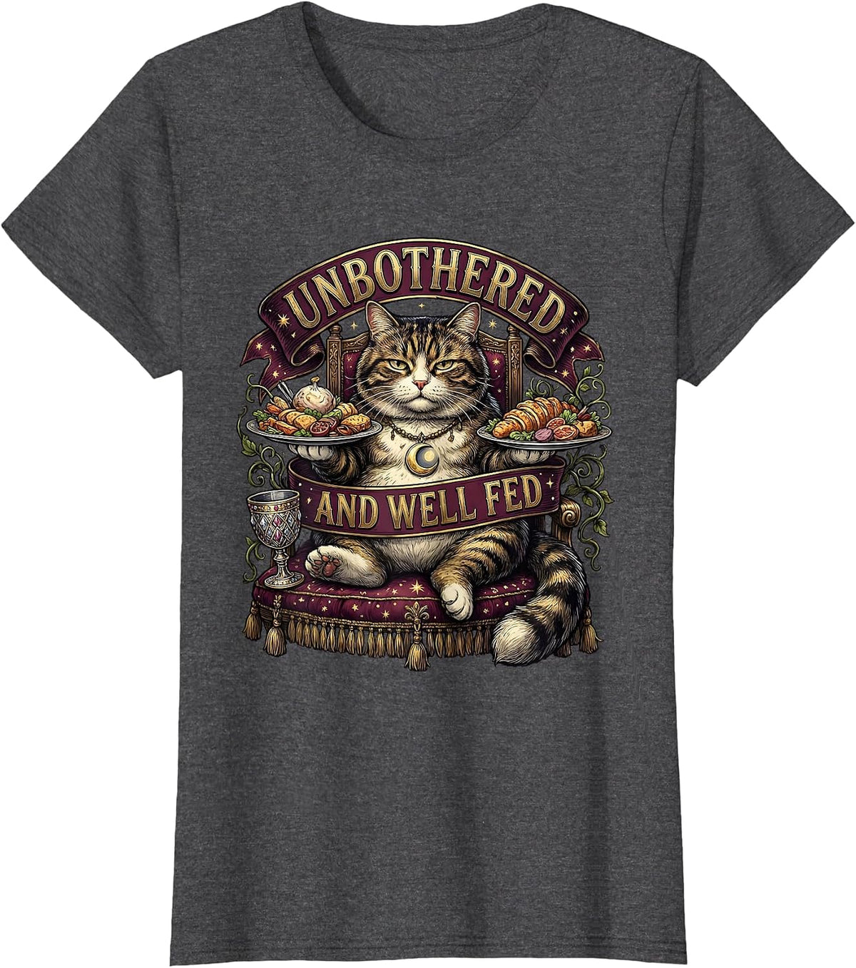 Women's Unbothered and Well Fed Funny Relaxed Design T-Shirt - Dark Heather Grey
