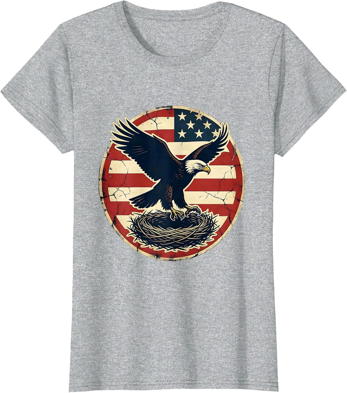 American Flag Draped Bald Eagle Nest Graphic T-Shirt - Heather Grey