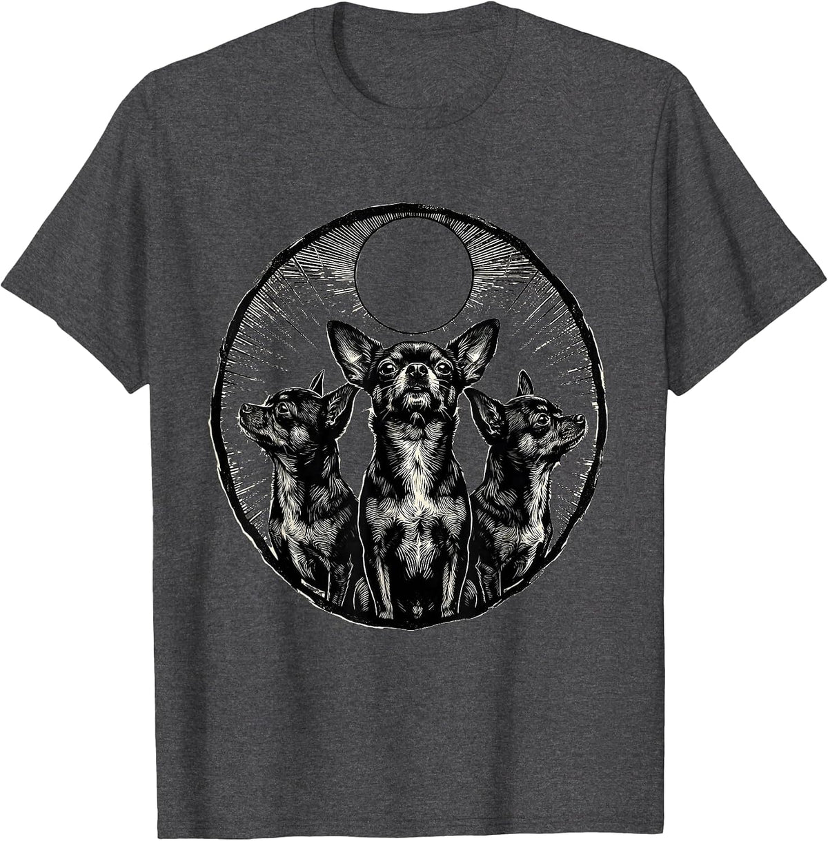 Men's Three Chihuahuas Howl At Moon Funny Wolf Parody T-Shirt - Dark Heather Grey
