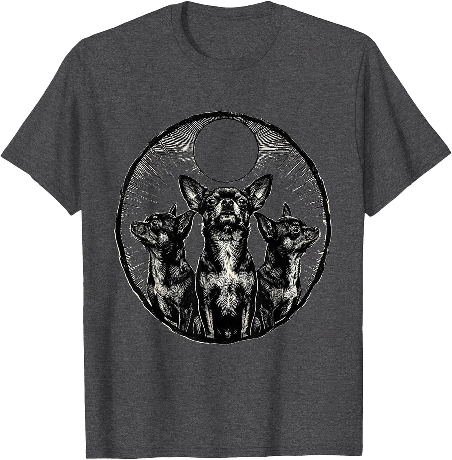 Men's Three Chihuahuas Howl At Moon Funny Wolf Parody T-Shirt - Dark Heather Grey