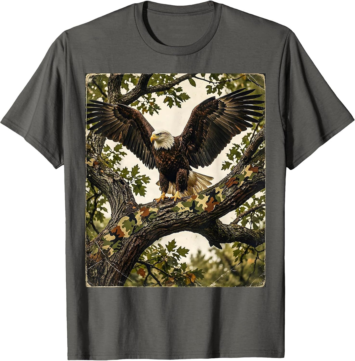 Eagle on Camo Branch Wildlife Graphic T-Shirt - Asphalt Grey