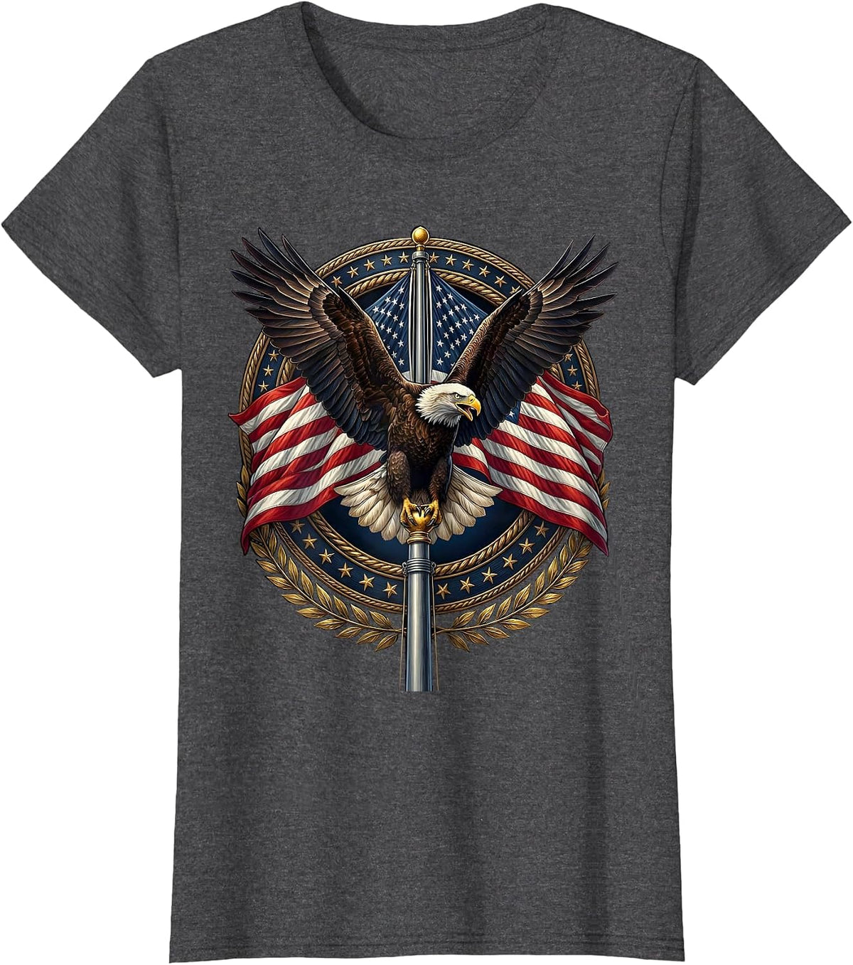 Women's Bald Eagle American Flag Pole Patriotic Design T-Shirt - Dark Heather Grey