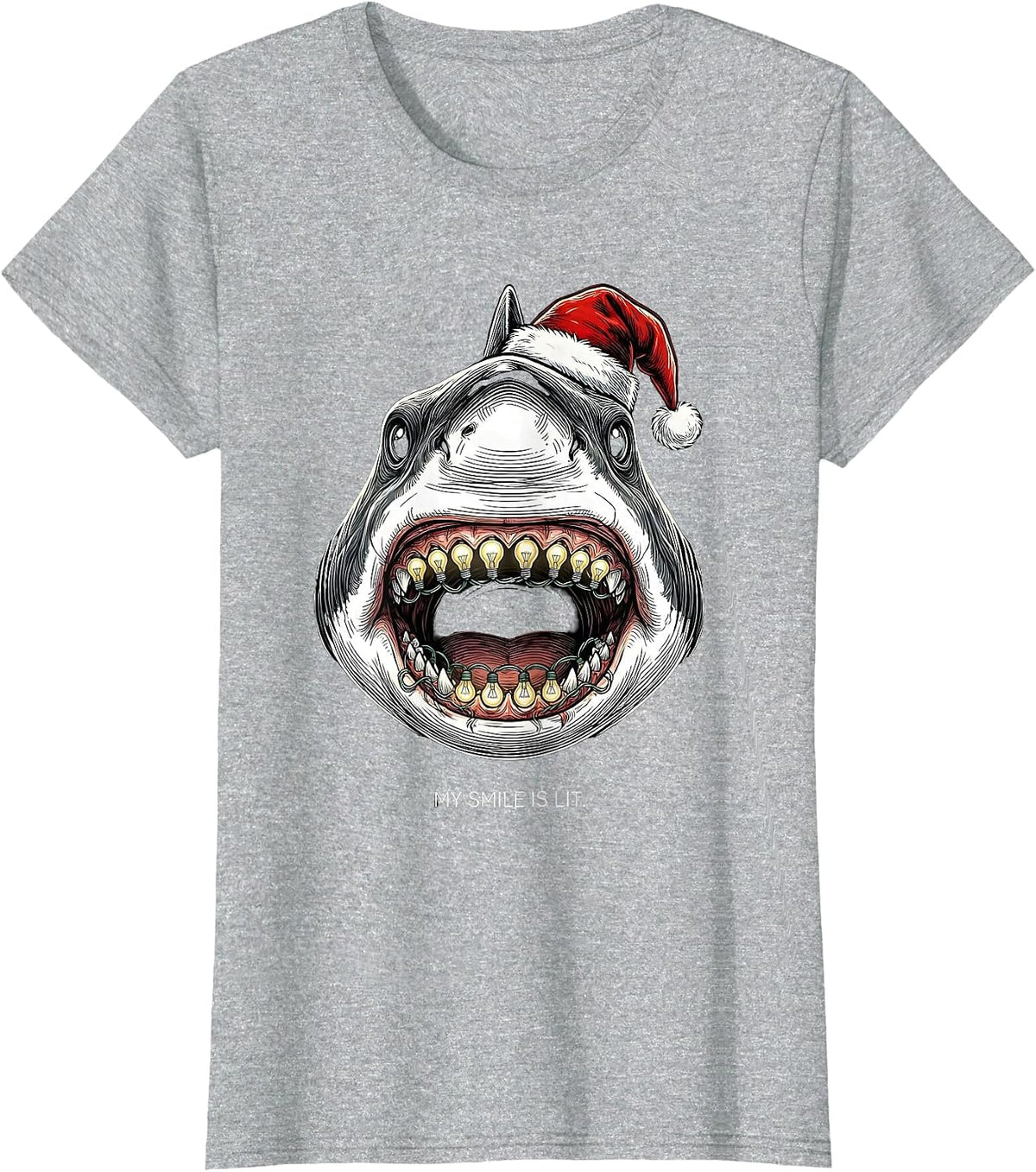 Women's My Smile Is Lit Funny Shark Santa Hat Christmas Lights Humor T-Shirt - Heather Grey