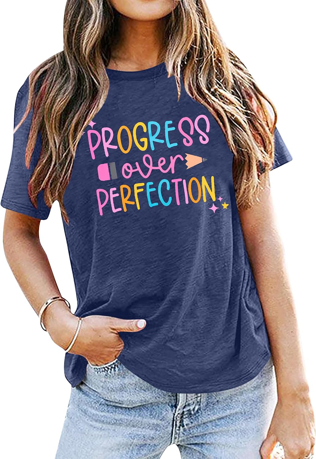 Teacher Shirt Women First Day of School Shirts Progress Over Perfection Tee Casual Teacher Life Short Sleeve T-Shirt - Blue
