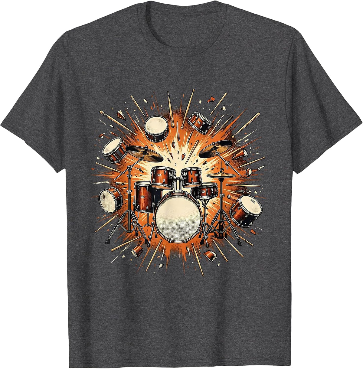 Exploding Drum Kit Percussion Blast Graphic T-Shirt - Dark Heather Grey