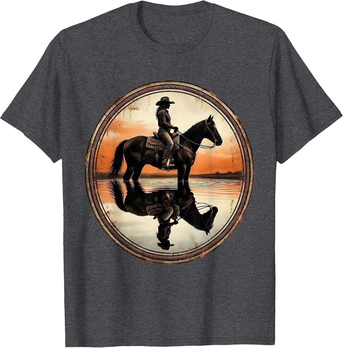 Rodeo Horse Reflection Still Pond Graphic T-Shirt - Dark Heather Grey