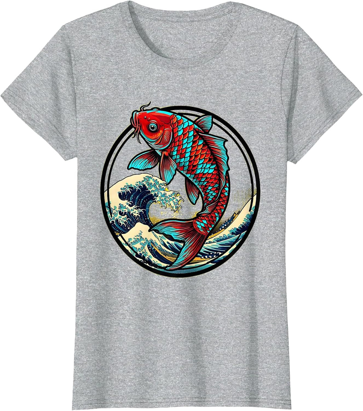 Women's Koi Fish Leaping Waves Japanese Anime Art T-Shirt - Heather Grey