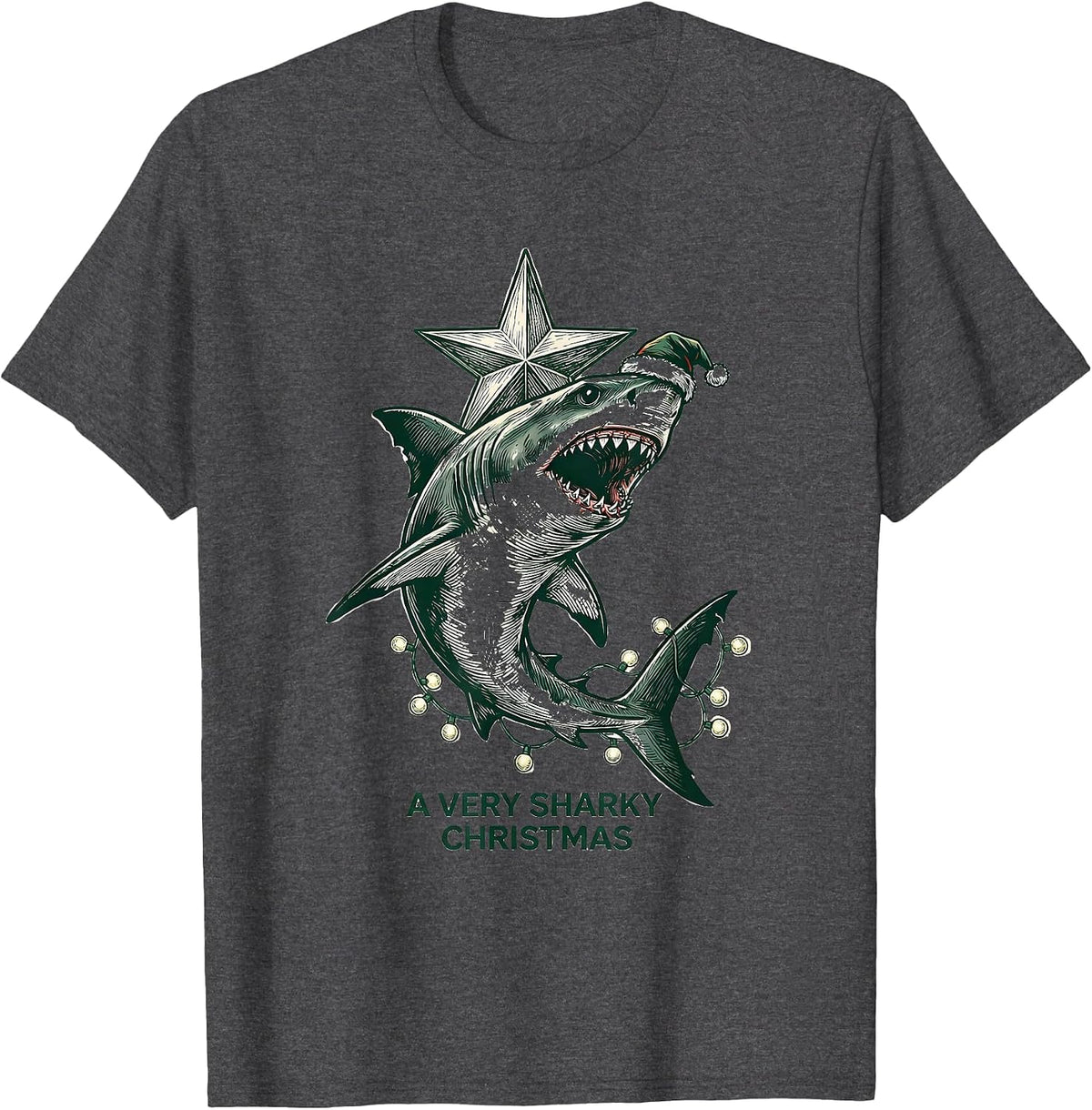 Men's A Very Sharky Christmas Funny Shark Santa Hat Holiday Lights T-Shirt - Dark Heather Grey